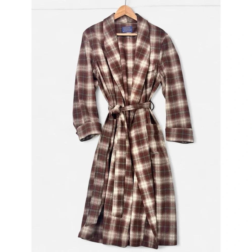 Vintage 70s Pendleton Virgin Wool Plaid Rust Brown Belted House Coat Robe Mens M